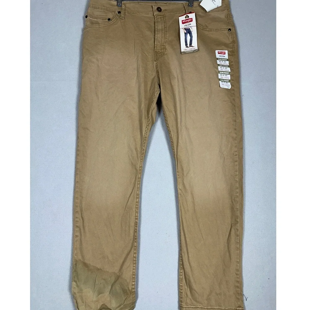 NEW Wrangler Five Star Premium Jeans Mens 40X30 Tan Slim Straight Stretch Denim